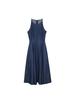 Washed Denim Waist-Defining Big Swing Long Sundress