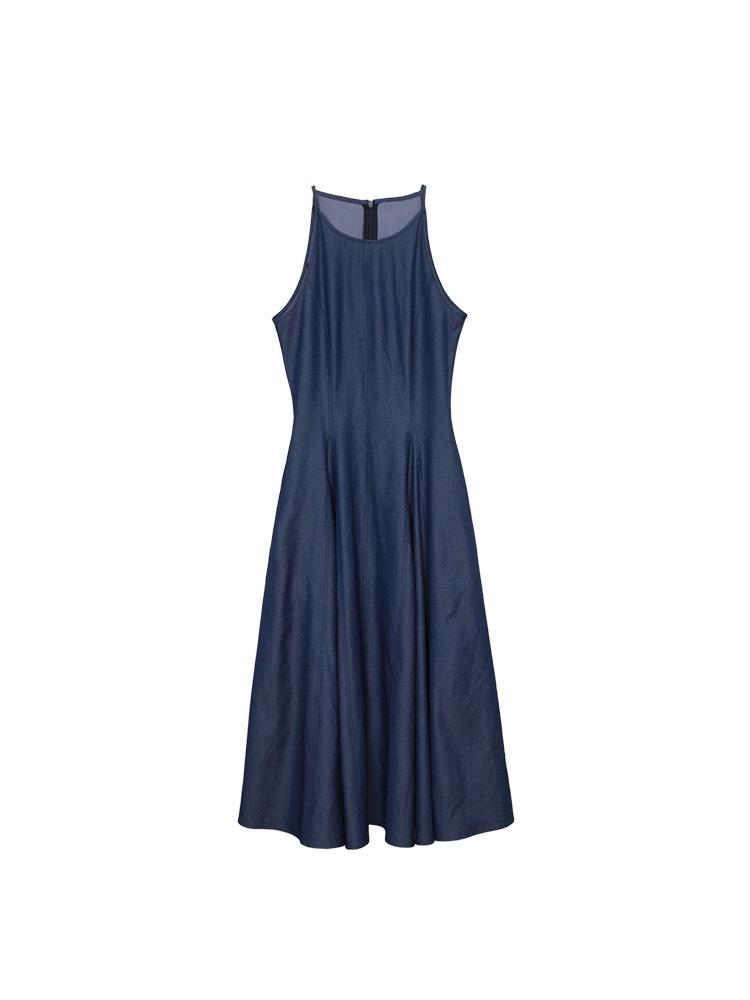 Washed Denim Waist-Defining Big Swing Long Sundress