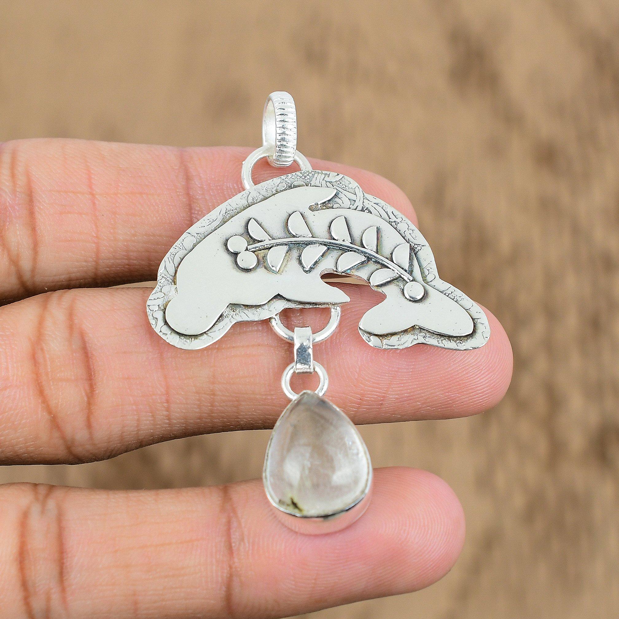 

Pear Natural Lodolite Sterling Silver Art Deco Engagement Fish Pendant Jewelry