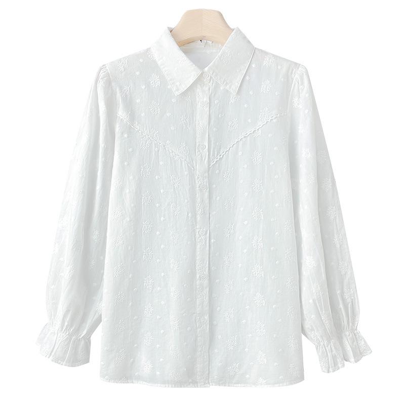 Women's Long Sleeve Pure Cotton Embroidered White Shirt - 2025 Spring Collection