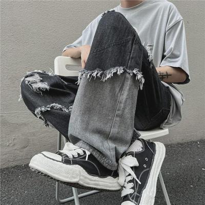 Erkek Moda Harajuku Püsküllü Kot Pantolon - Bol Kesim, Ham Kenar, Kontrast Renkli Düz Pantolonla Hip-Hop Tarzı