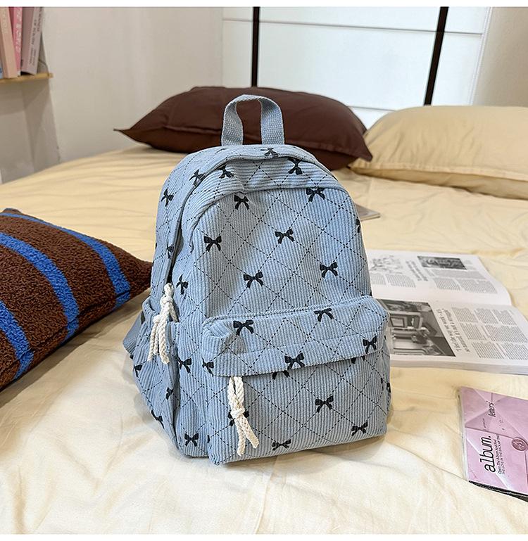 Schoolbag corduroy bow small backpack girls high value small schoolbag simple ins wind small casual backpack women