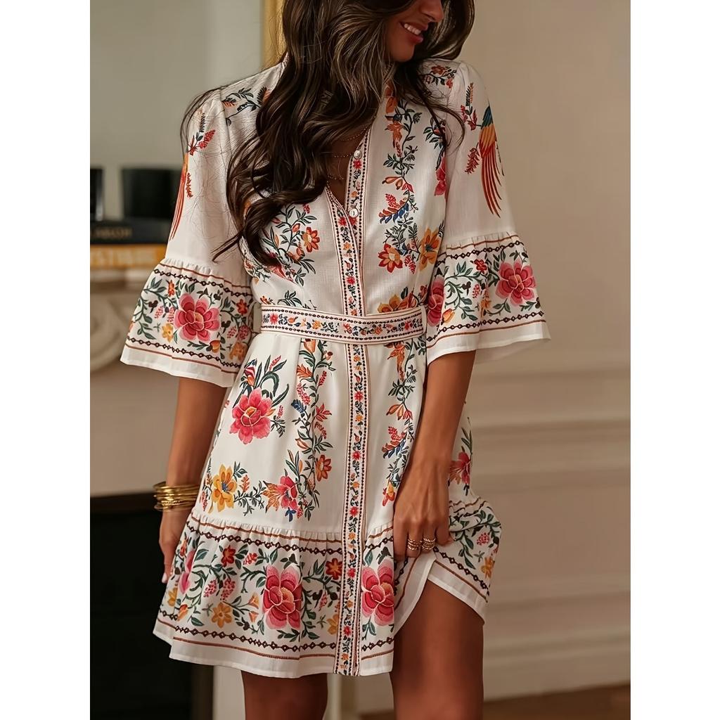 New European American Vacation Style Plant Floral Print Lantern Sleeve Ruffled Short Sleeve Tie-front Cardigan Dress