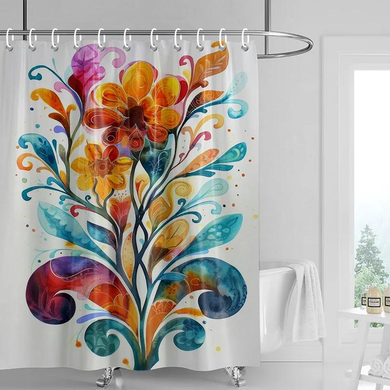 Vintage Floral Shower Curtain-Bold Red and Orange Flowers, Butterfly Background, Waterproof Bath Decoration