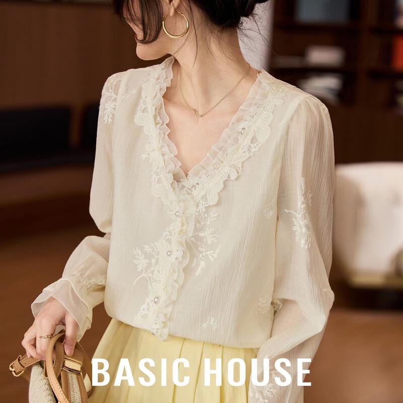 

Basic House Women s V-Neck Lace Embroidered Shirt L