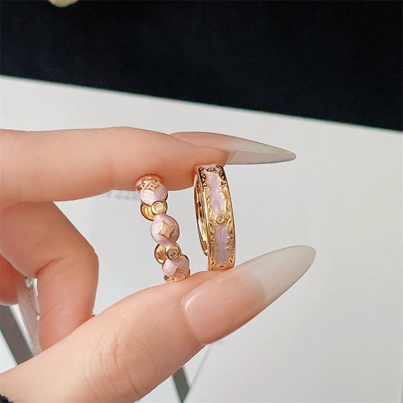 Vintage Pink Enamel Open Ring Gold Trim Niche Design Elegant And Unique Personality Lace Pattern Jewelry
