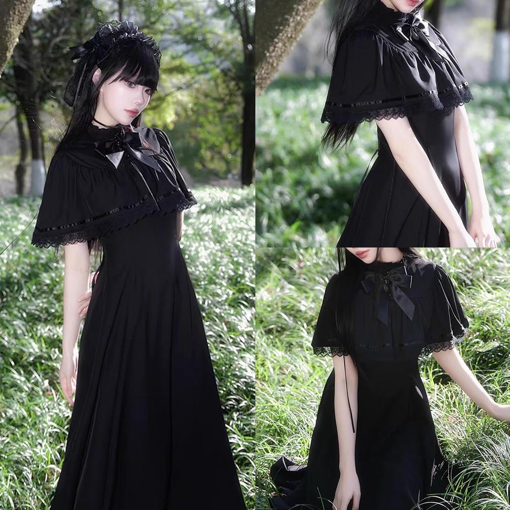 AOTYP Lolita Gothic Cute Princess Mori Girl Dress with Perfect for and Size M Dress, 2-Piece Dress, Bow, Parties, Cosplay, Halloween, Black,