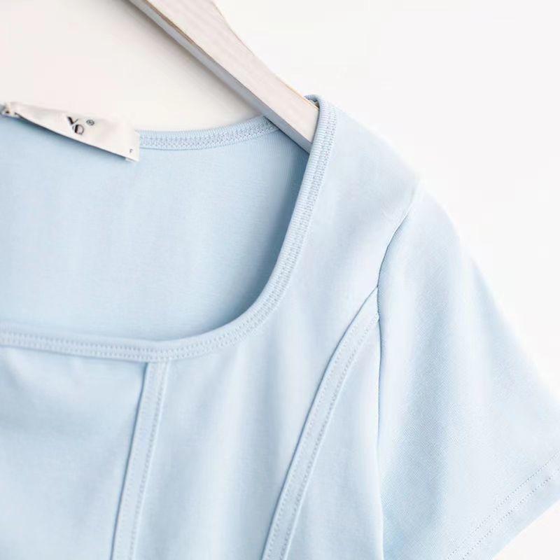 Solid Color Square Neck Short Sleeved T-shirt for Women with A Summer Design Sense Niche Short Top