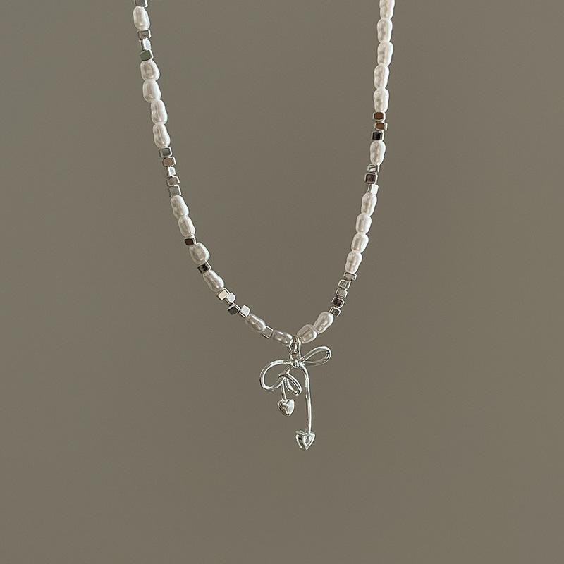 Elegant Bowknot Heart Zircon Pendant Necklace With Pearl Accents Women Gold Plated Stainless Steel Choker Chain Bowknot Heart Zircon Pendant Pearl Chain Necklace