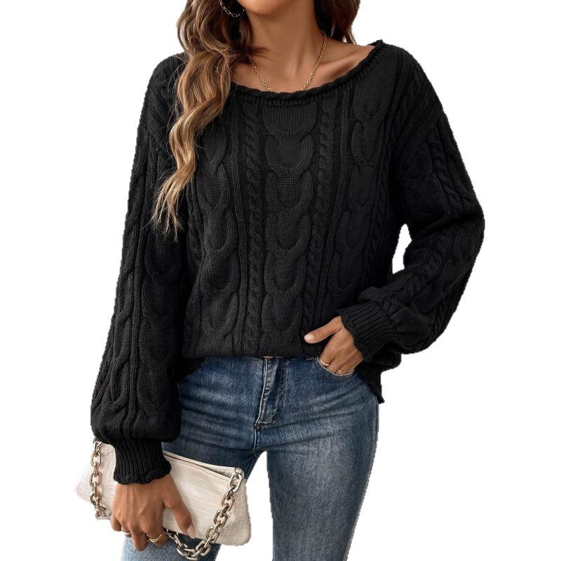 Women Casual Loose Off Shoulder Long Sleeve Cable Knit Pullover Sweater