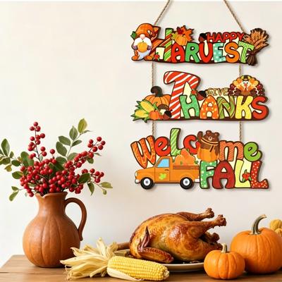 Thanksgiving Willkommensschild Rustikales Erntefest Holz Türhänger Schild Gnom Truthahn Kürbis LKW Dekorative Wandplakette für Bauernhaus Veranda Wanddekoration