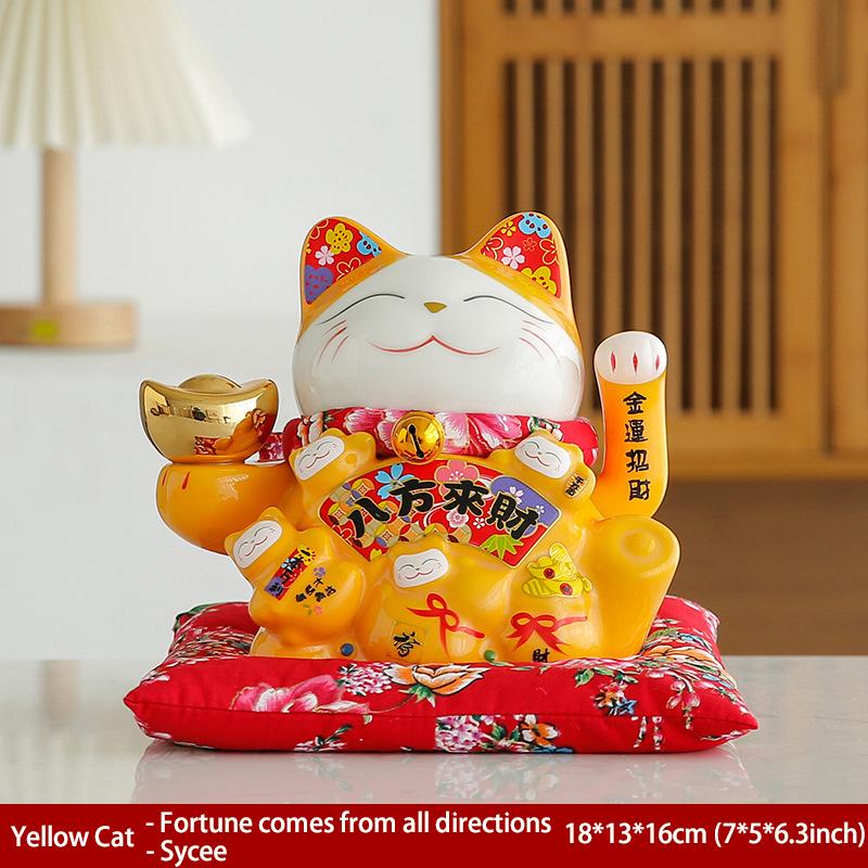 7 Inch Fortune Cat with Waving Arm Ceramic Maneki Neko Feng Shui Ornament Lucky Cat for Shops, Restaurant, Home Table Decoration