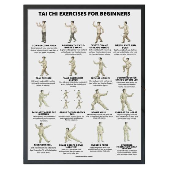 Plakát Tai Chi na židli Bez rámu Plakát s Tai Chi sestavou Jasné vizuální pokyny Tabulka cvičení vsedě pro seniory Začátečníky Jemné židle