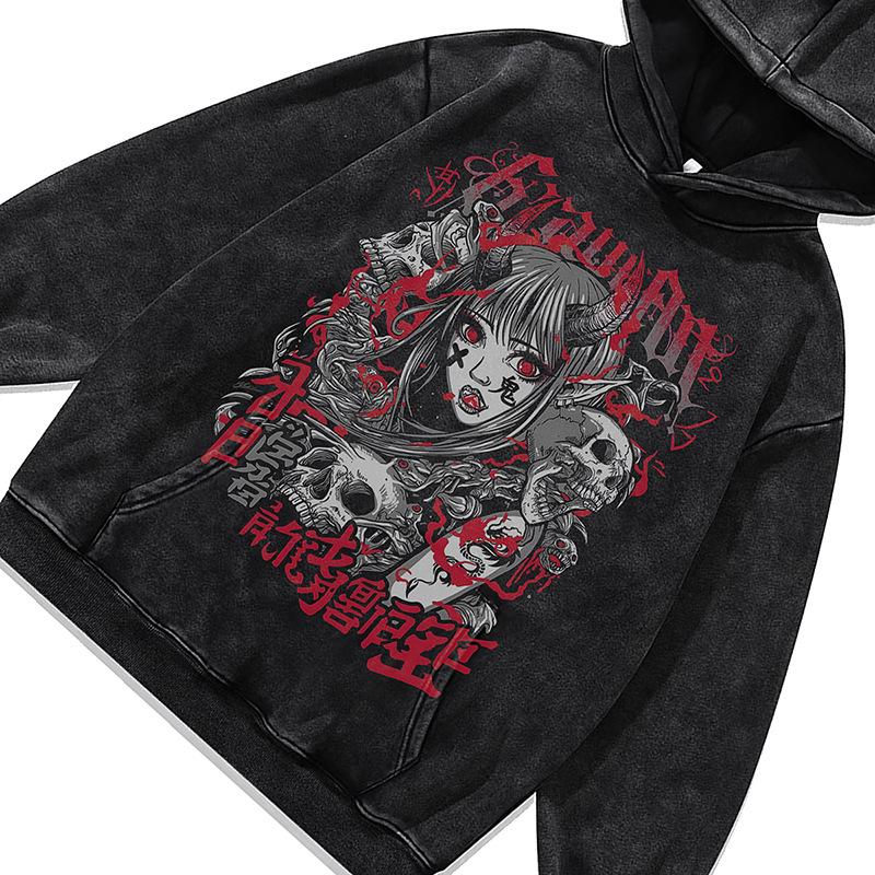 Japanese Dark Cartoon Digital Direct Injection Printing Hooded Sweater Men'S And Women'S Autumn And Winter Washed Old Hoodie