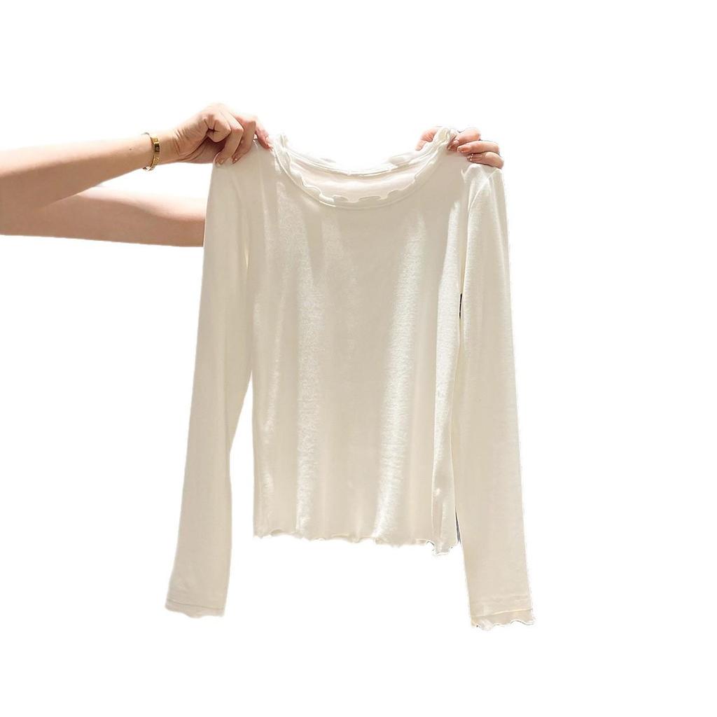 Korean Style Ruffled Long Sleeve T-shirt for Women - 2025 Autumn Slimming Baselayer