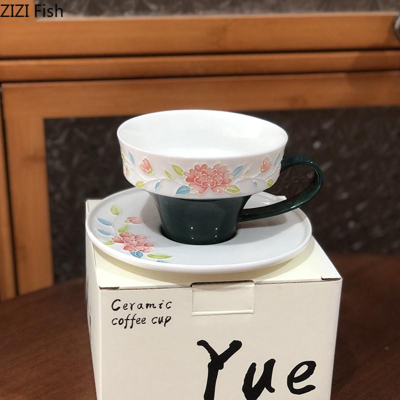 Peony Flower Pattern Ceramic Cup&saucer Dining Table Coffee Mug Milk Tea Mugs Afternoon Tea Teacup Fruit Juice Container