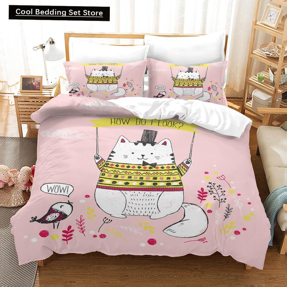 Cartoon Cat King Full Queen Duvet Cover Lovely Pet Kitty Bedding Set Animal Quilt Cover 2/3pcs Purple Polyester Comforter Cover