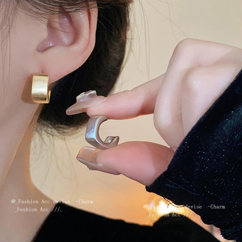 Silver Needle Square Brushed Geometric Earrings Korean Simple Cold Wind Stud Earrings Niche Versatile Premium Earrings
