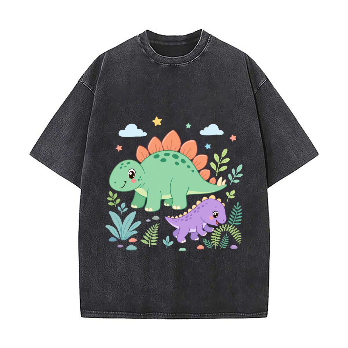 Cute Dinosaur Sibling Adventure Illu Daily Commute Vintage Distressed T Shirt Loose Washed Sleeve S