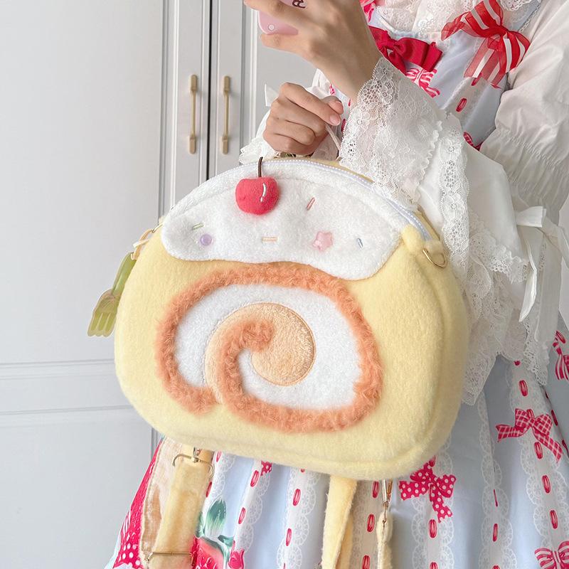 

Cute Swiss Roll Cake Plush Backpack Kawaii Dessert Design Crossbody Bag Large Capacity Lolita Style Fluffy Shoulder Bag Girls 24-5-25cm жёлтый