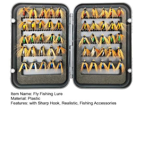 50Pcs/Box Fly Fishing Lure with Sharp Hook Realistic Bionic Floating Feather Fly Fishing Bait Freshwater Saltwater Bass Trout Fishing Accessories