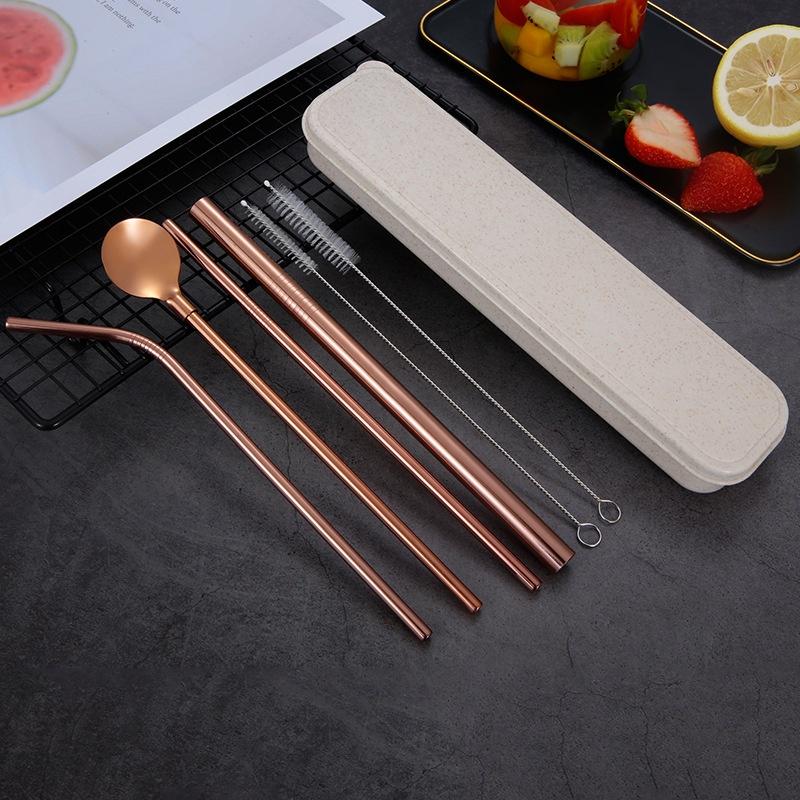 NEW Drinking Straw Stainless Steel Straw Set Straw Spoon with Brushes Box