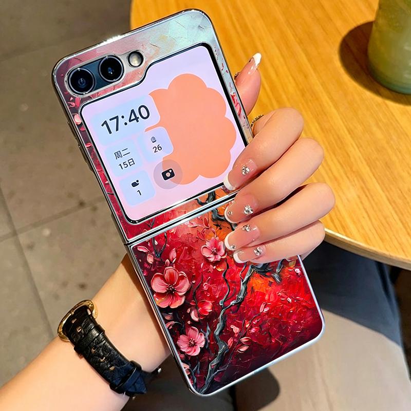 Oil Painting Flower Pattern Case For Samsung Galaxy Z FlIP 7 FE 6 5 Plating PC+PU Leather Hybrid Folding Cover For Samsung Z Flip7 Flip6 Flip5