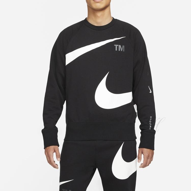 Men's Nike Swoosh Ft Crew Large Logo Printing Knit Round Neck Pullover Autumn Black DD6097-010