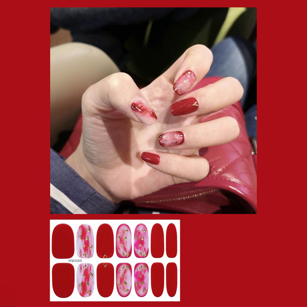 14pcs/sheet Press On Nail Red Smudge Nail Sticker Finished Manicure Quick Nial