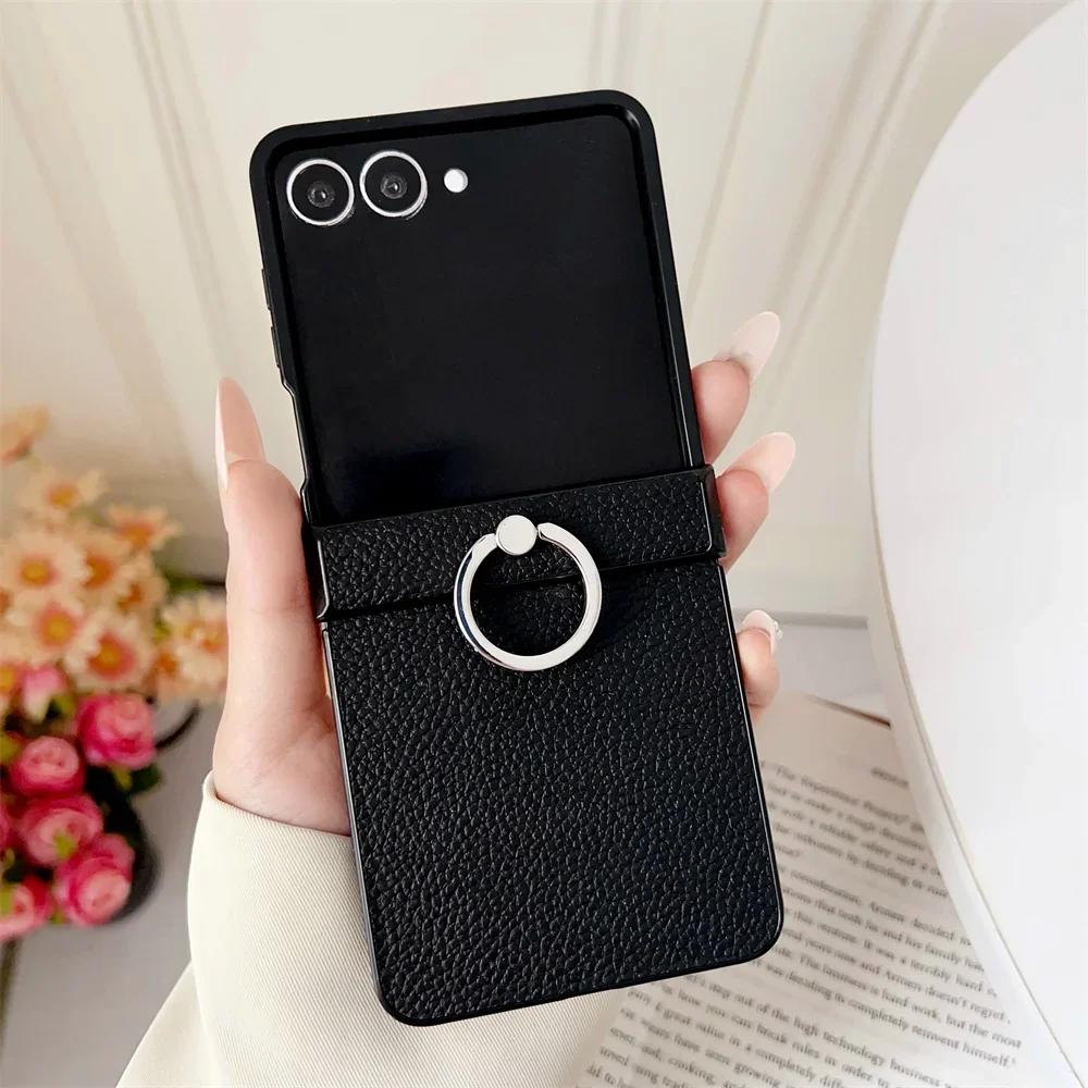 For Samsung Galaxy Z Flip 7 6 5 4 3 5G Phone Case Solid Color Lychee Pattern PU Leather Ring Holder Shockproof Protective Cover