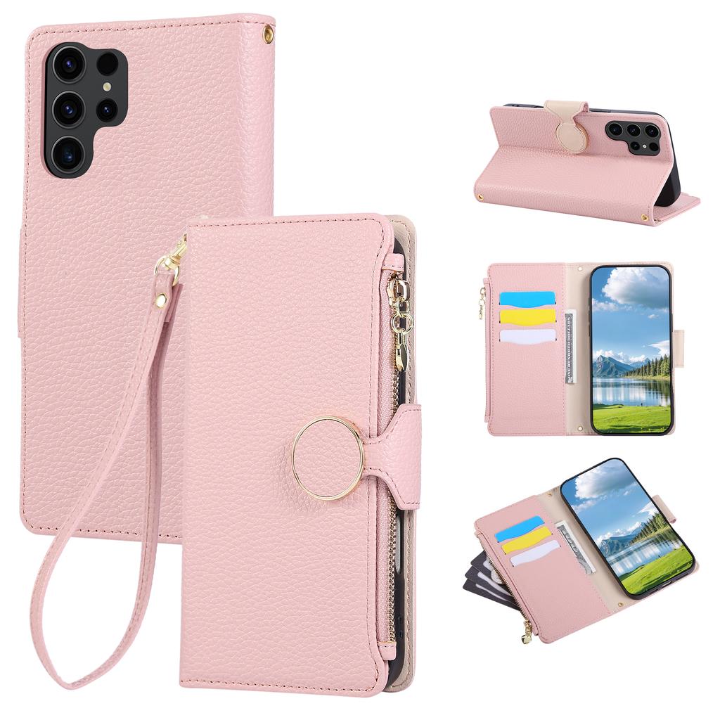 For Samsung Galaxy S24 Ultra Case Zipper Wallet Leather Phone Cover with Wrist Strap