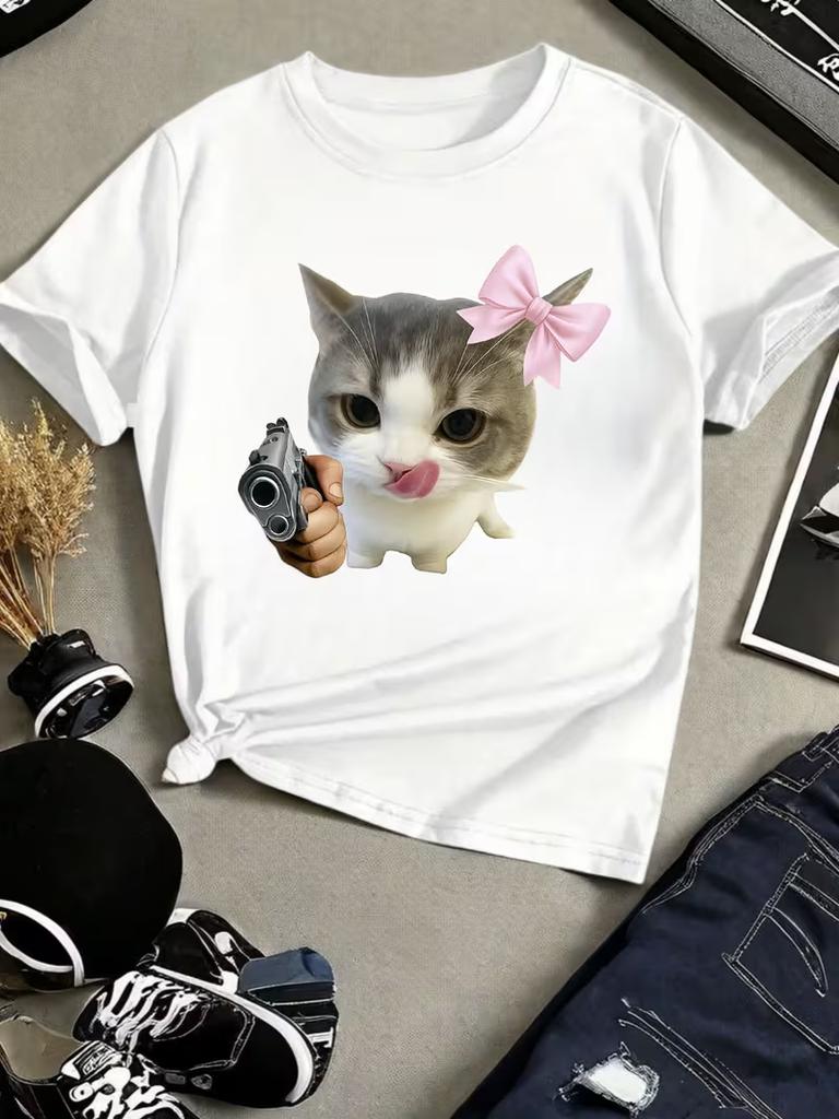 Unisexs Tshirt With Cute Cat Drinking Milk Tea Patternsummer Shirt Birthday Party Tops Or Everyday Play Outfiplayful Design