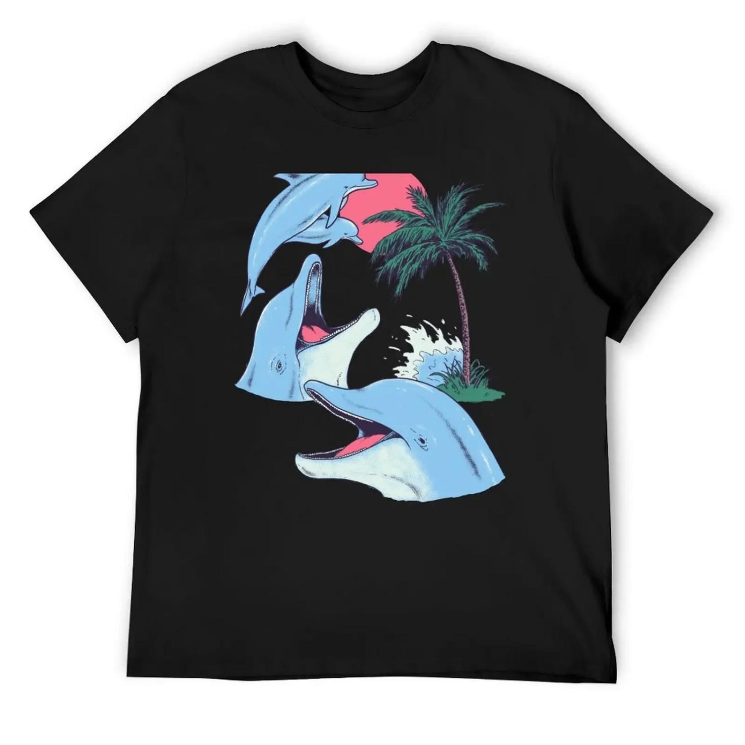 

Футболка с четырьмя дельфинами и пальмой, эстетичная одежда, оверсайз, аниме-вещи, футболки мужские XXXXXL чёрный