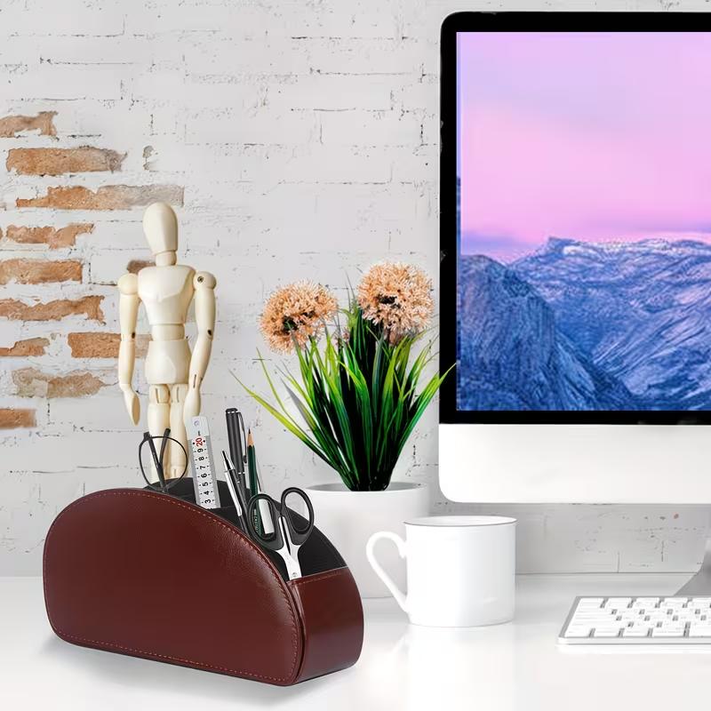 Remote Control Holder with 5 Compartments Faux Leather Desk Organizer TV Remote Storage Caddy Tabletop Holder for Living Room Office Home Use