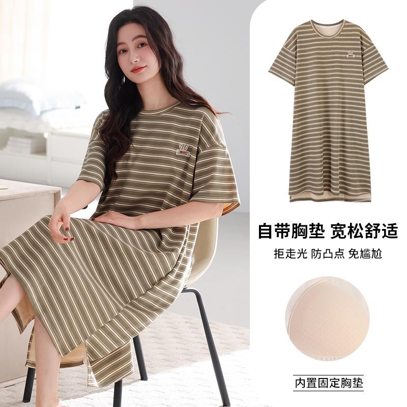 Pajama Women's 1011 New Integrated Summer Pure Cotton Thin with Chest Pad Can Be Worn Outside Loose Short-sleeved Pajama Skirt
