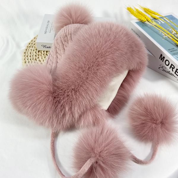 Winter Hats Women Natural Fox Fur Fuffy Warm Fashion Stylish Knitted Pompom Girls Fur Hat