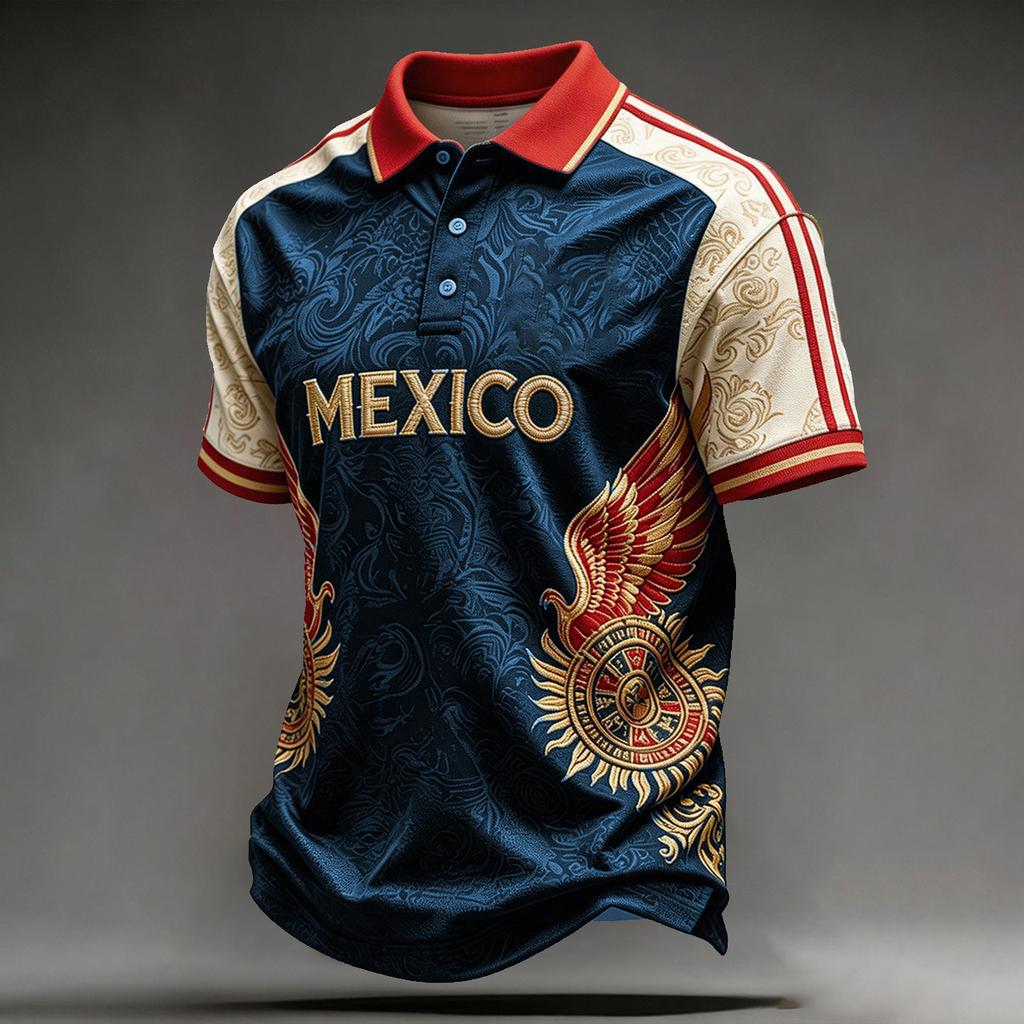 Men's Mexican Soccer Print Shirt with Collar for Casual Wear