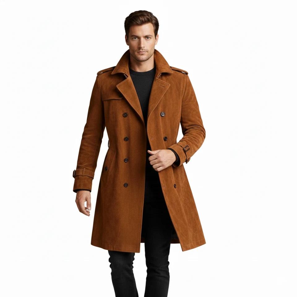 Brown Men's Handmade Trench Coat Stylish Soft Lambskin Leather Party Fashionable
