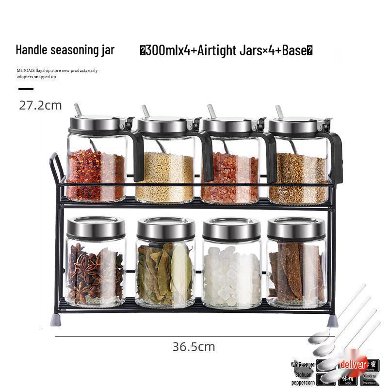 Stainless Steel Glass Kitchen Seasoning Jars Set with Spring Lid & Spoon