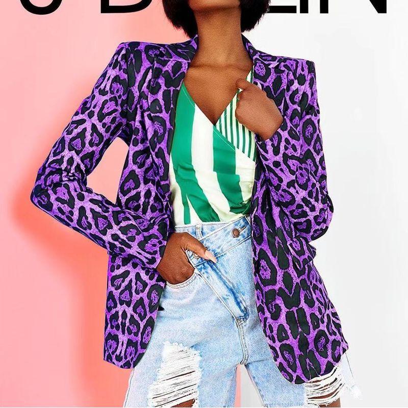 

Women s Lapel Leopard Print Casual Long-Sleeve Cardigan Purple L