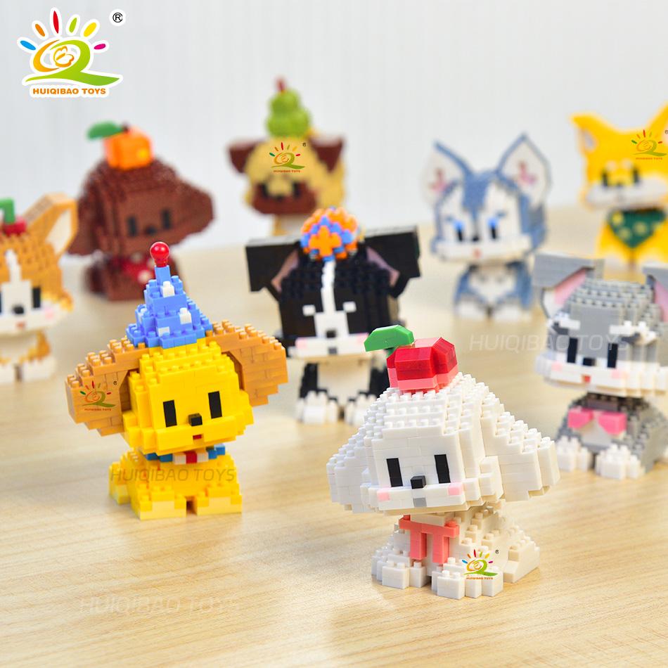 HUIQIBAO Cute Pet Dog Cat Micro Model Building Block Kids Mini City Cartoon Animal Diamond Bricks Educational Toys Children Gift