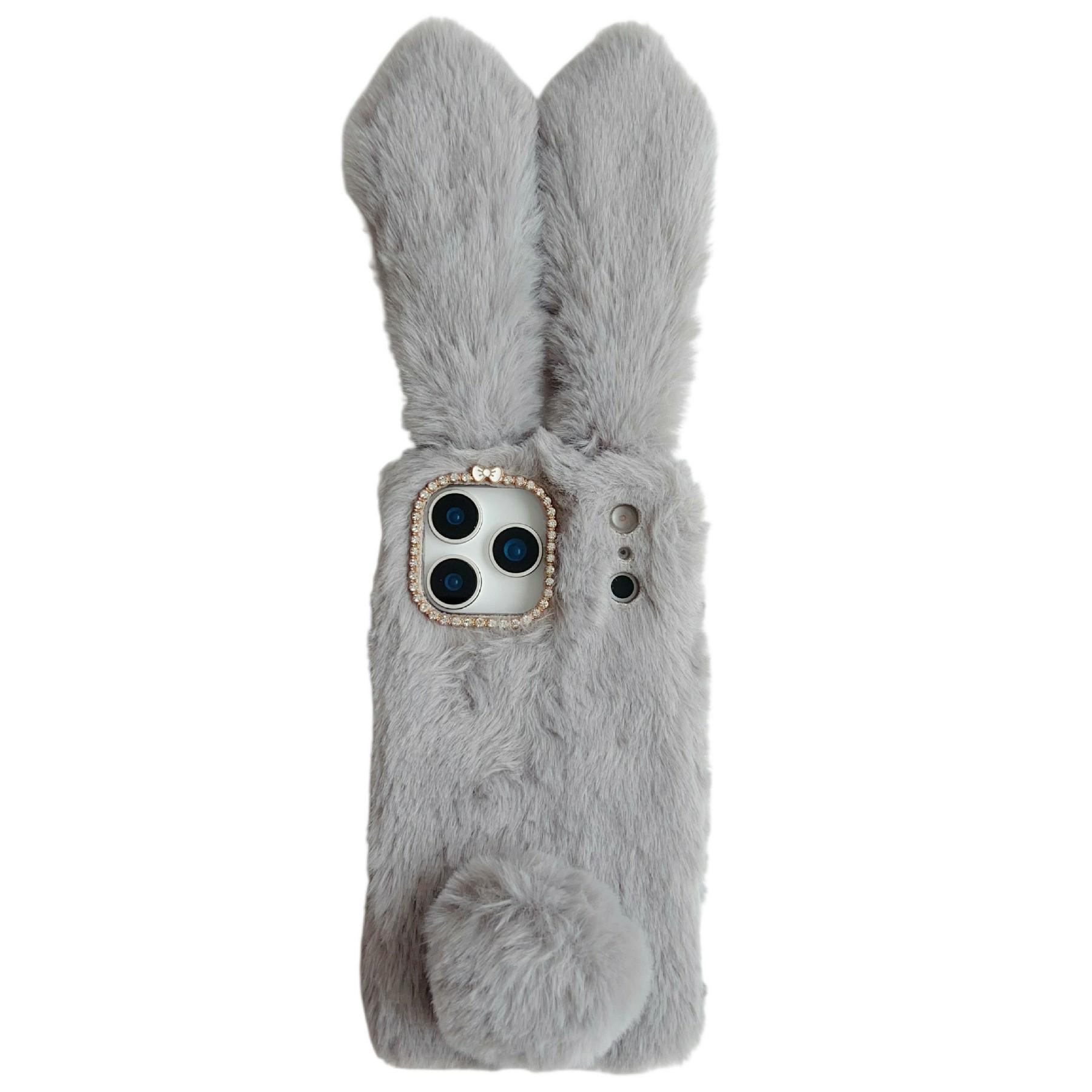 

For iPhone 17 Pro Max Case Plush Cute Bunny Winter Fluffy TPU Phone Cover Grey
