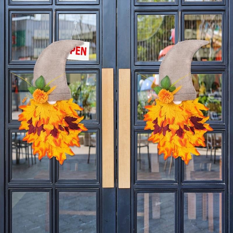 Harvest Gnomes Figure Maple Leaf Flower Fall Wreath Hanging Sign Ornament for Farmhouses Front Door Wall Decoration