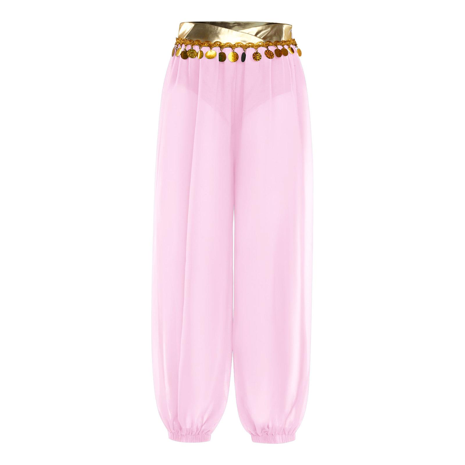 

Костюм для танцю живота для дівчинки, блискучі паєтки, бахрома, еластичний виріз для ніг, штани з боковою потайною блискавкою 5-6 Years рожевий