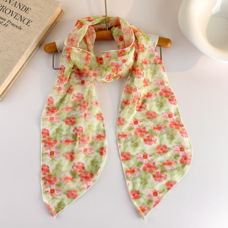 Korean Long Scarves Plaid Floral Print Lightweight Lace Mesh Scarf Versatile Neck Accessory Hair Scarf Neckerchief