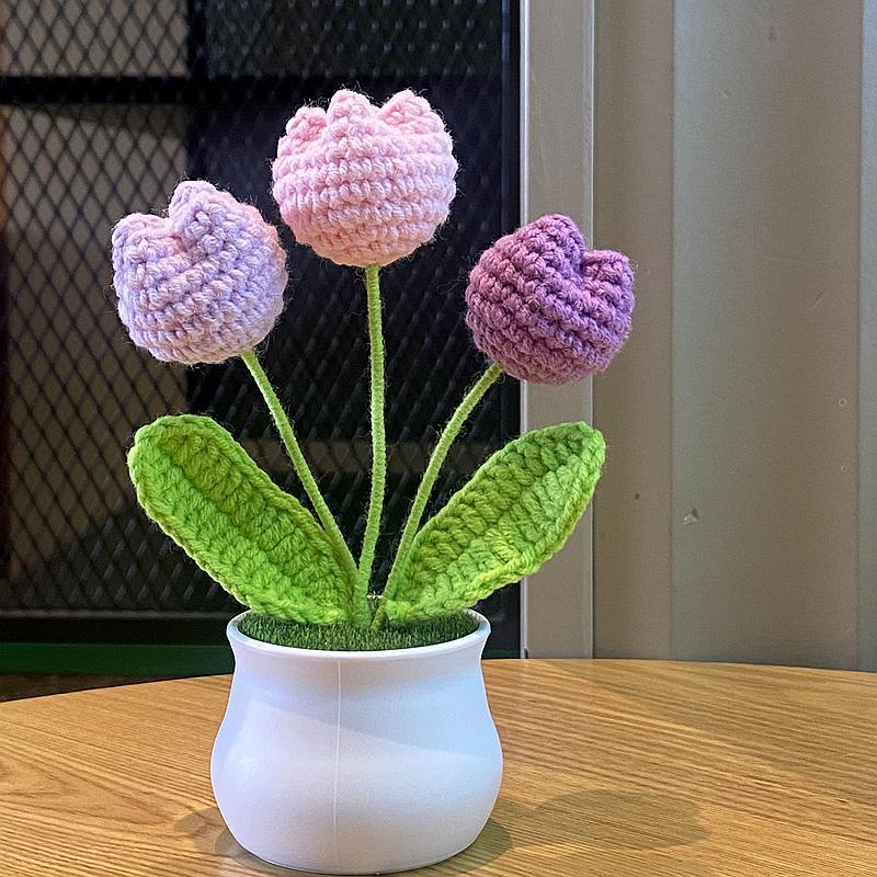 DIY Håndvevd Mini Potteblomst Rose Kontor Skrivebord Prydplanter Ulltråd Ferdig Produkt Hjemmedekorasjon