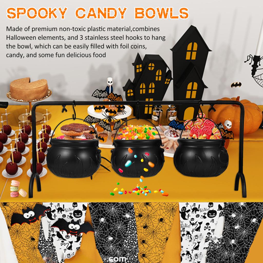 Halloween Candy Bowl Decorations Cauldron Bowls with Iron Rack, Halloween Party Decorations Candy Bucket