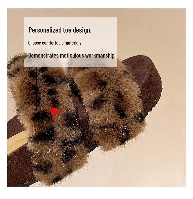 Damen Retro Leopard Print Fuzzy Hausschuhe, Herbst/Winter 2025, Plüsch Einriemen Baumwolle für Outdoor-Bekleidung