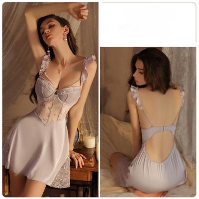 Robe de nuit sexy push-up à armatures pour femmes grandes tailles, débardeur en dentelle sans dos, avec rembourrage, décolleté plongeant