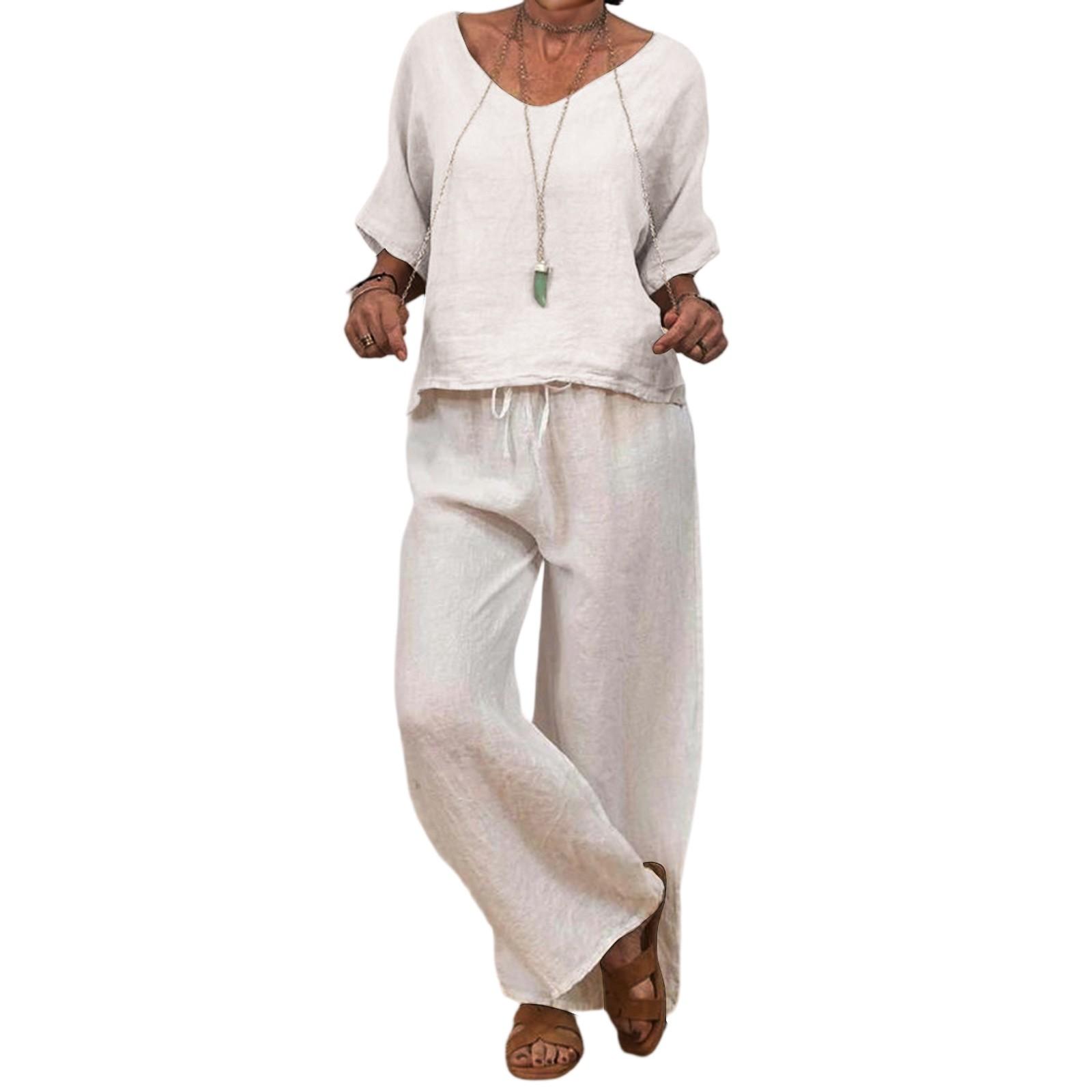 

Women s Casual Mid Sleeve Low Round Neck Loose Wide Leg Long Pants Set S білий
